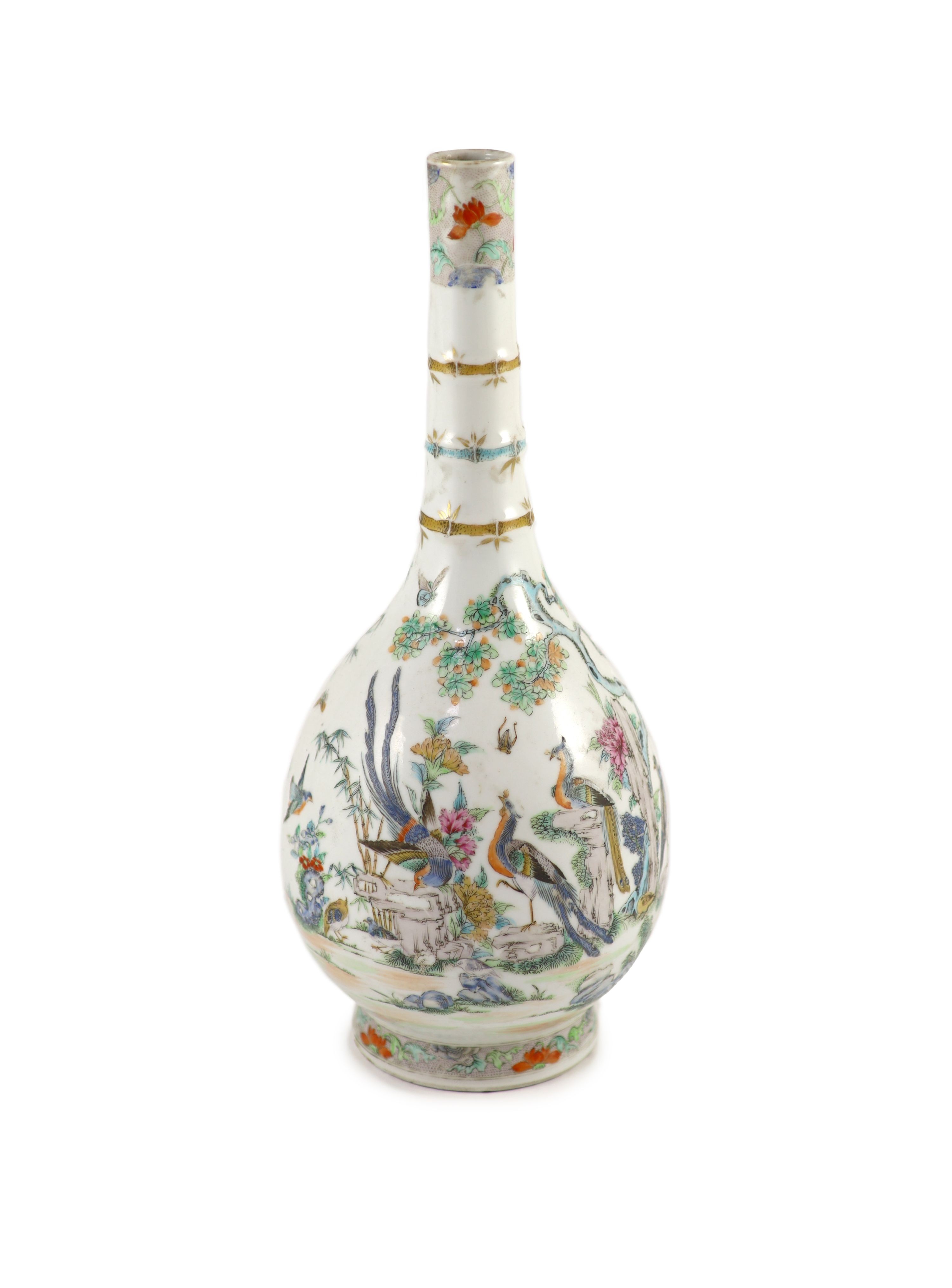 A Chinese famille rose ‘Hundred Birds’ bottle vase, late 19th century, 34.5 cm high